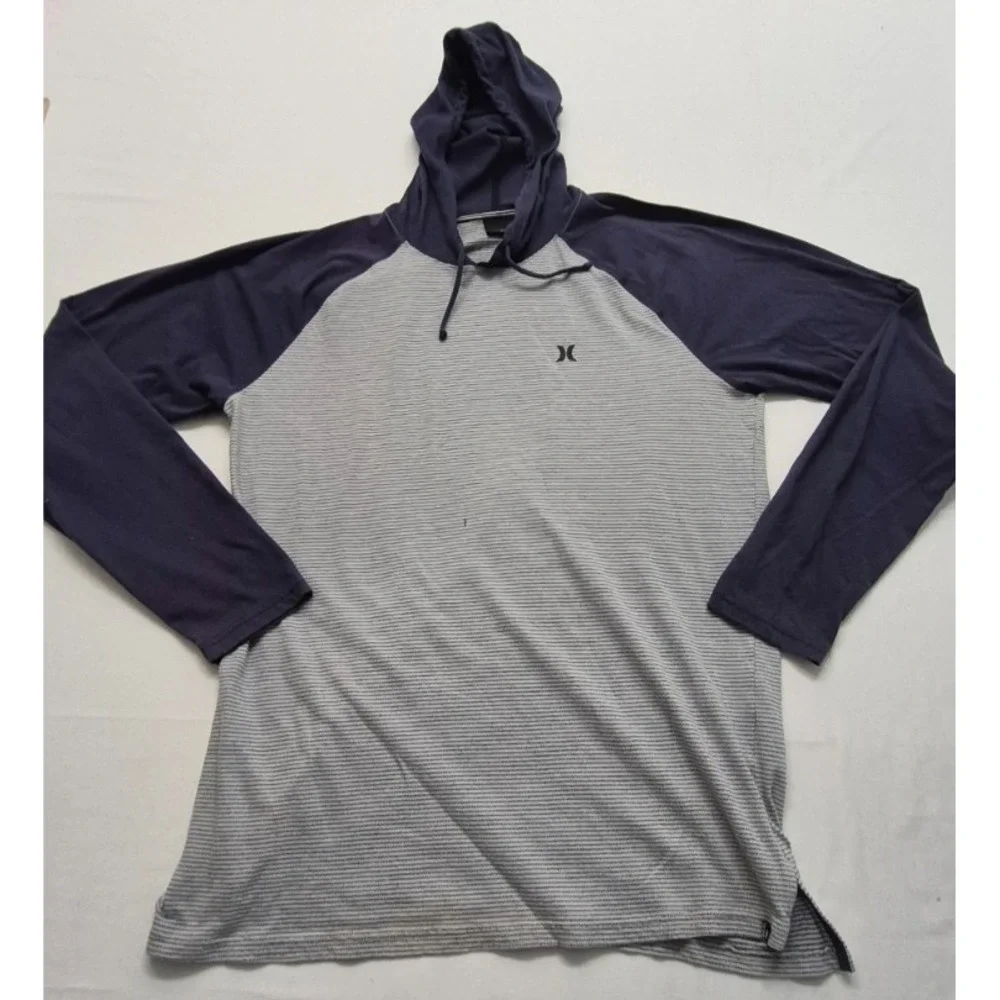 Hurley men's gray/blue long sleeve hooded pullover shirt LG drawstring - Picture 1 of 12